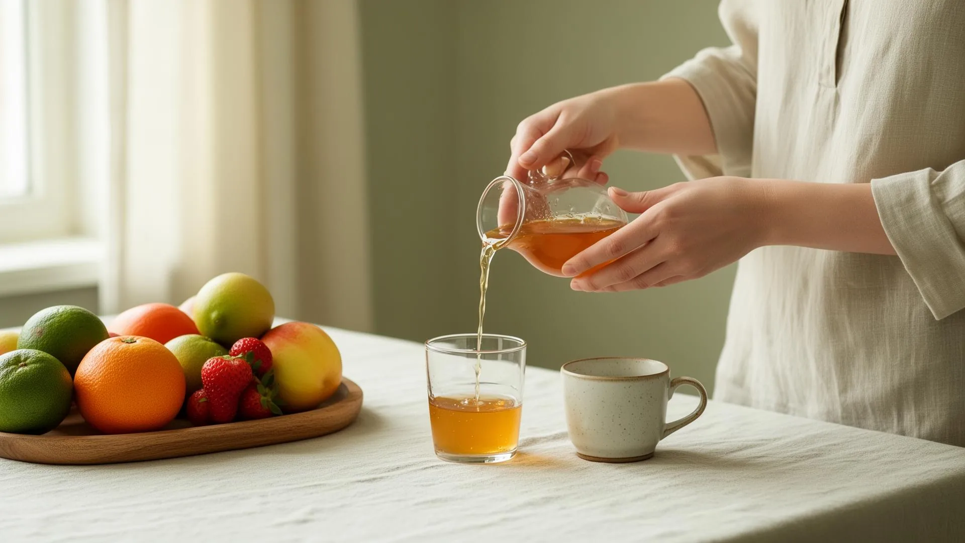 Pouring Floradyle into a glass beside fresh fruit